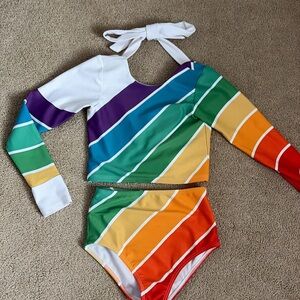 Kids Rainbow Striped Long-Sleeve Bikini Set - White Accent